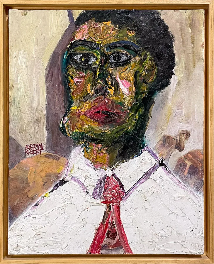Doctor Coyote, obra original de Adrián Robert; Técnica mixta sobre lienzo · 44 x 54 x 4 cm · 2025, Anomalía Arte CDMX