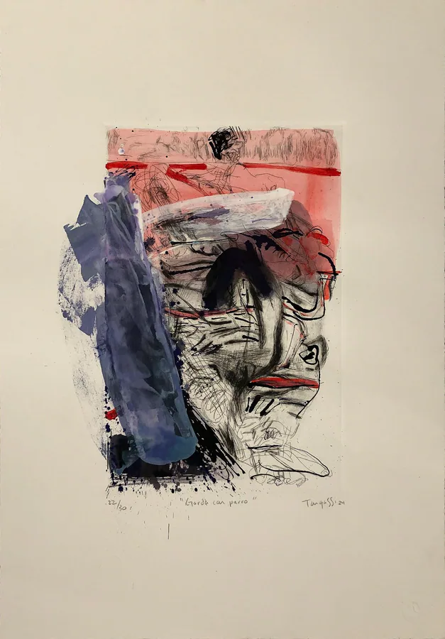 Gorda con perro, obra original de Carolina Tangassi; Punta seca intervenida con acrílico · 52 x 75 x 0.5 cm · 2024,...