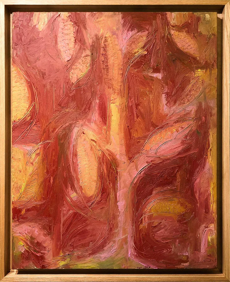 Milpa, obra original de César Escudero; Óleo sobre lienzo · 111 x 90 x 7 cm · 2026, Anomalía Arte CDMX