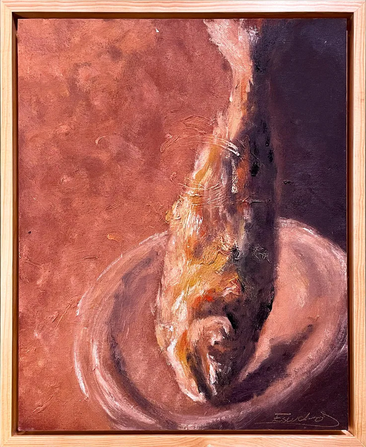 Huachinango a la brasa, obra original de César Escudero; Óleo sobre lienzo · 47 x 57 x 4 cm · 2026, Anomalía Arte CDMX