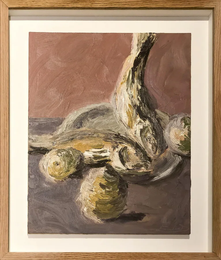 Pescado y peras II, obra original de César Escudero; Óleo sobre lienzo · 47 x 57 x 4 cm · 2026, Anomalía Arte CDMX