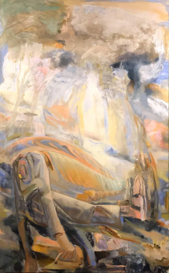 Descanso en el parque, obra original de Felipe Olivares; Óleo sobre lienzo · 240 x 125 x 5 cm · 2026, Anomalía Arte CDMX
