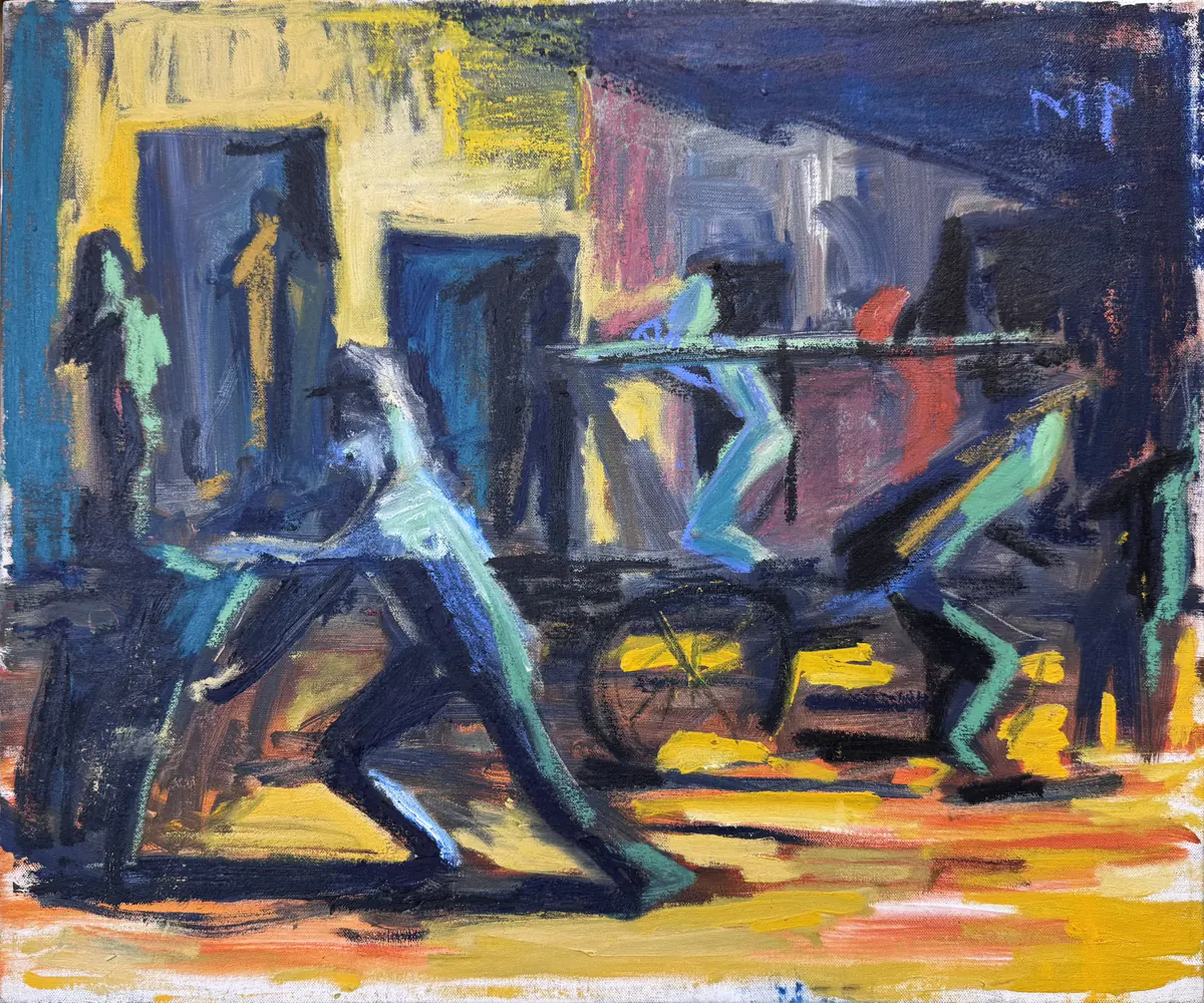 Amanecer, Calle Ayuntamiento, obra original de Marina Parra; Óleo sobre lienzo · 65 x 55 x 4 cm · 2025, Anomalía Arte CDMX