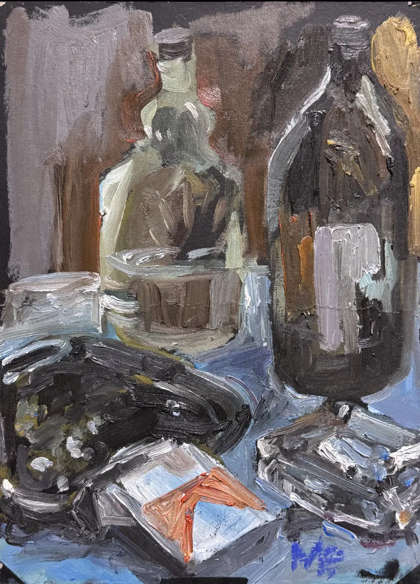 Bodegón, obra original de Marina Parra; Óleo sobre cartón · 31 x 41 x 4 cm · 2026, Anomalía Arte CDMX