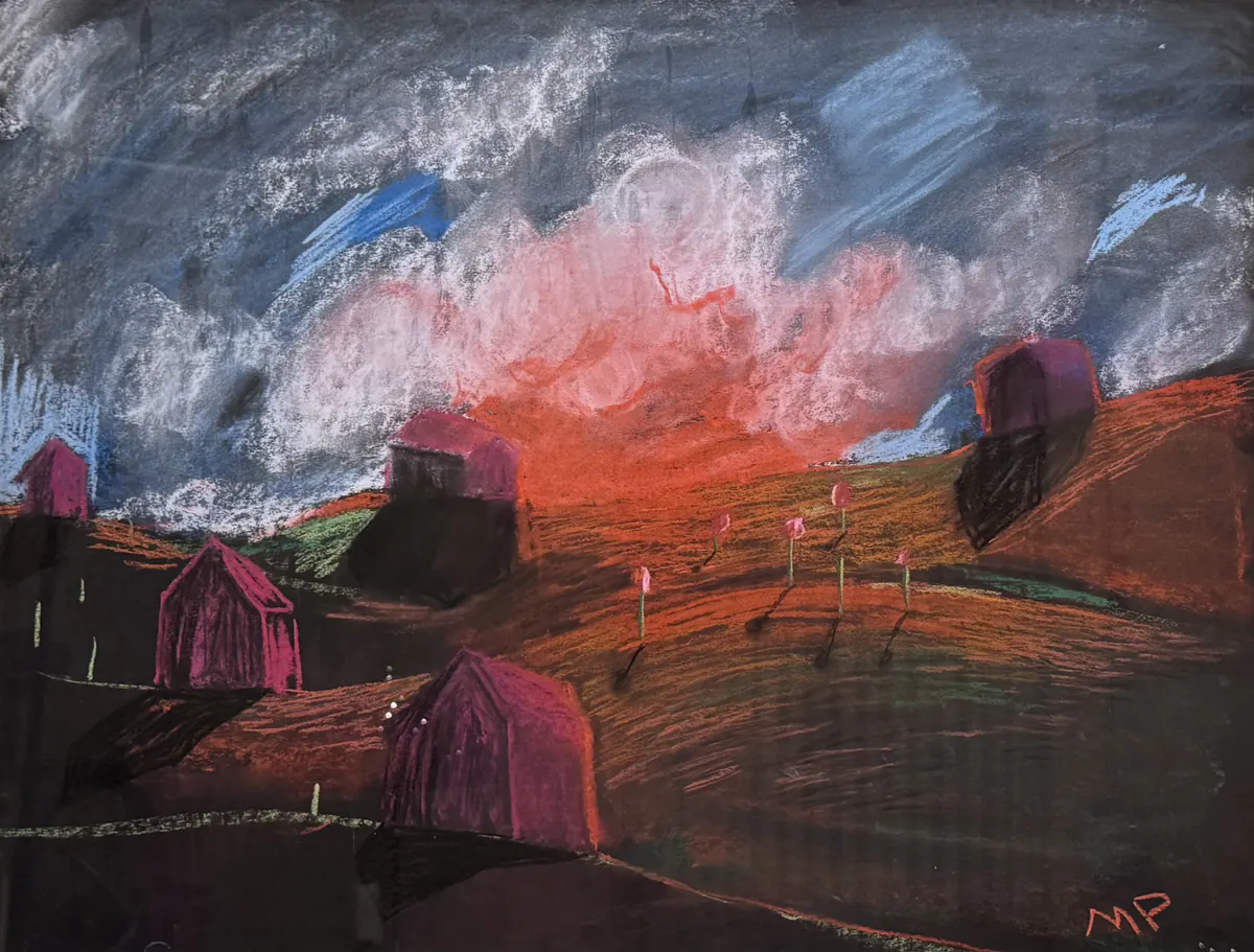 Casas Ardiendo, obra original de Marina Parra; Carbón y pastel sobre papel · 82 x 67 x 2 cm · 2025, Anomalía Arte CDMX