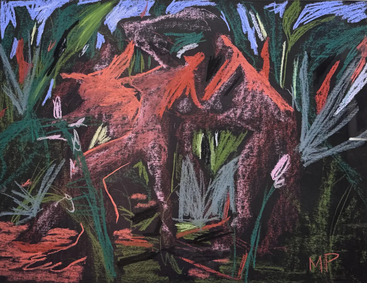 Cumbieros, obra original de Marina Parra; Carbón y pastel sobre papel · 82 x 67 x 2 cm · 2025, Anomalía Arte CDMX