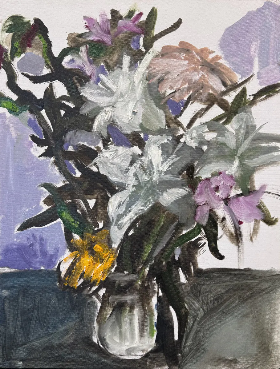 Flores II, obra original de Marina Parra; Óleo sobre lienzo · 54 x 64 x 4 cm · 2025, Anomalía Arte CDMX