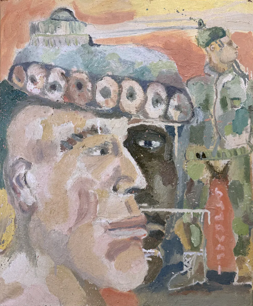 Diálogo, obra original de Richard Budavari; Óleo sobre lienzo · 50 x 60 cm · 2026, Anomalía Arte CDMX
