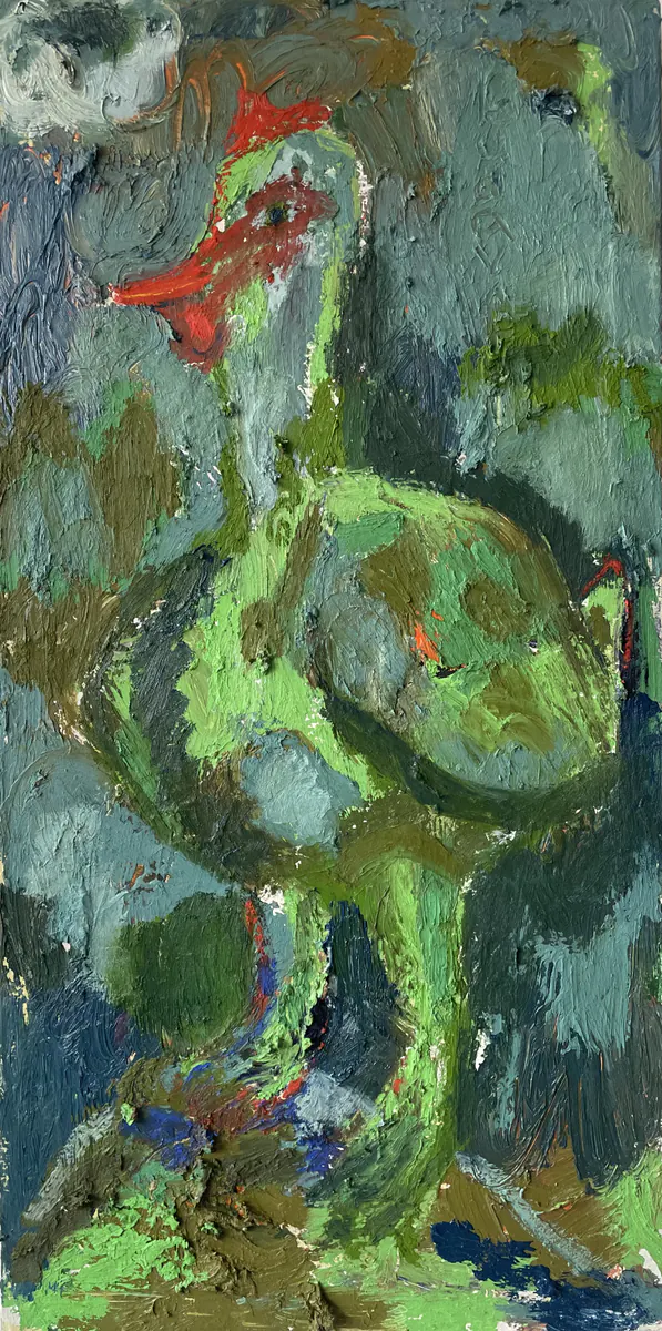 Gallo, obra original de Richard Budavari; Óleo sobre lienzo · 30 x 70 cm · 2026, Anomalía Arte CDMX