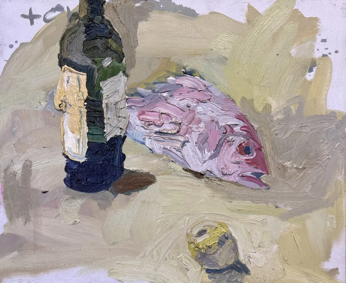 Pescados I, obra original de Toro Amillategui; Óleo sobre lienzo · 64 x 54 x 4 cm · 2026, Anomalía Arte CDMX