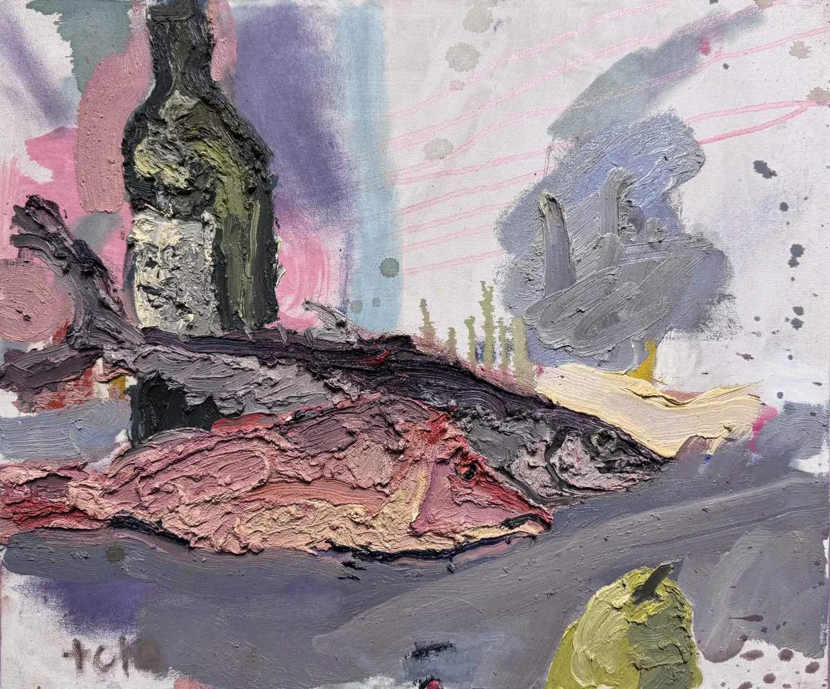 Pescados II, obra original de Toro Amillategui; Óleo sobre lienzo · 64 x 54 x 4 cm · 2026, Anomalía Arte CDMX