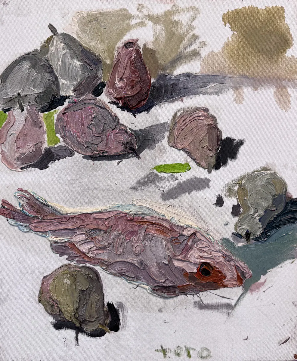 Pescados III, obra original de Toro Amillategui; Óleo sobre lienzo · 64 x 54 x 4 cm · 2026, Anomalía Arte CDMX