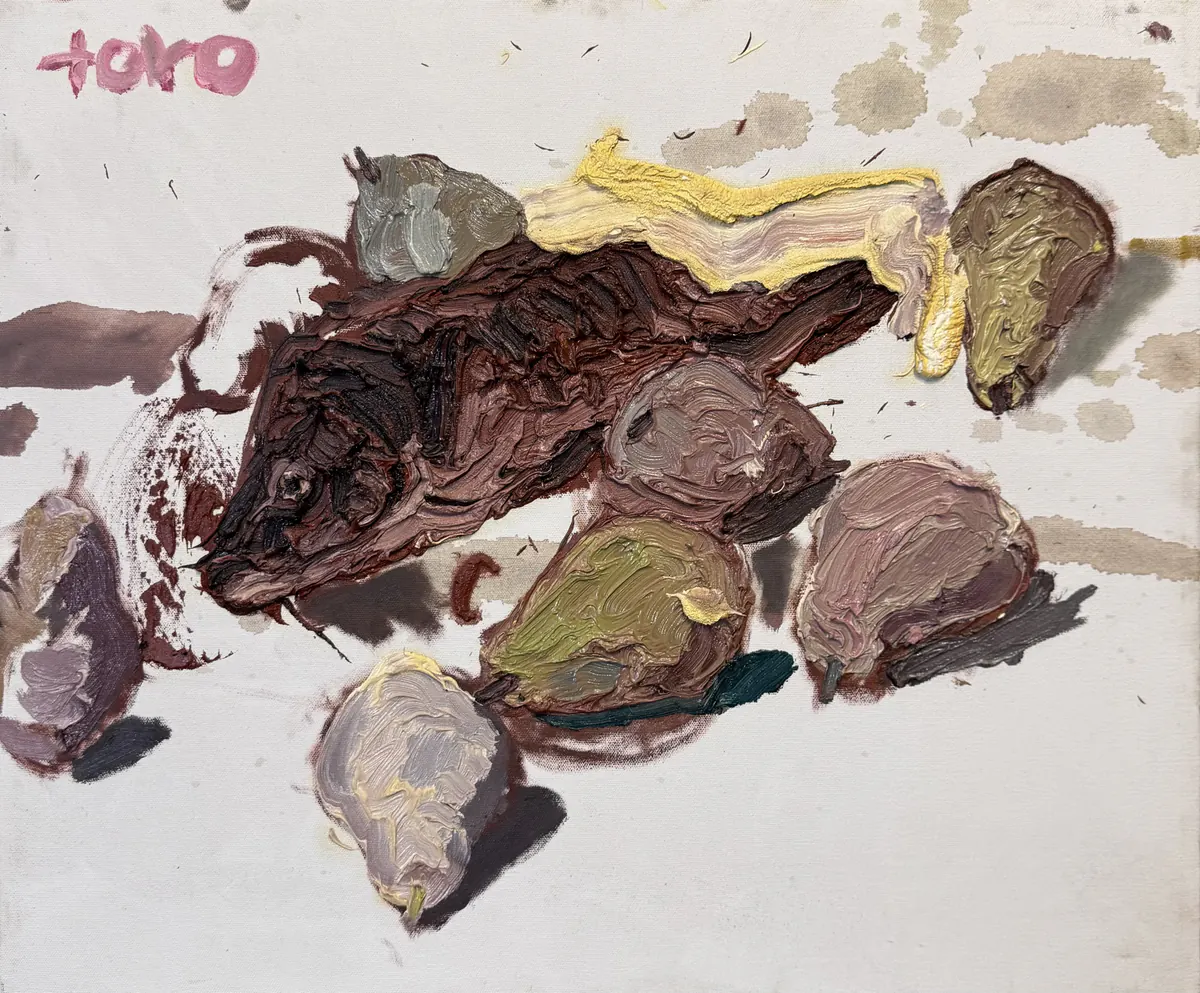 Pescados IV, obra original de Toro Amillategui; Óleo sobre lienzo · 64 x 54 x 4 cm · 2026, Anomalía Arte CDMX